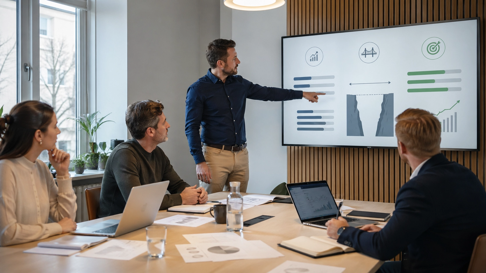 People in a meeting room discussing gap analysis.